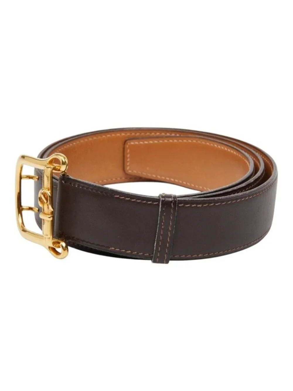 Hermes Belt Motif Buckle Brown Gold Leather